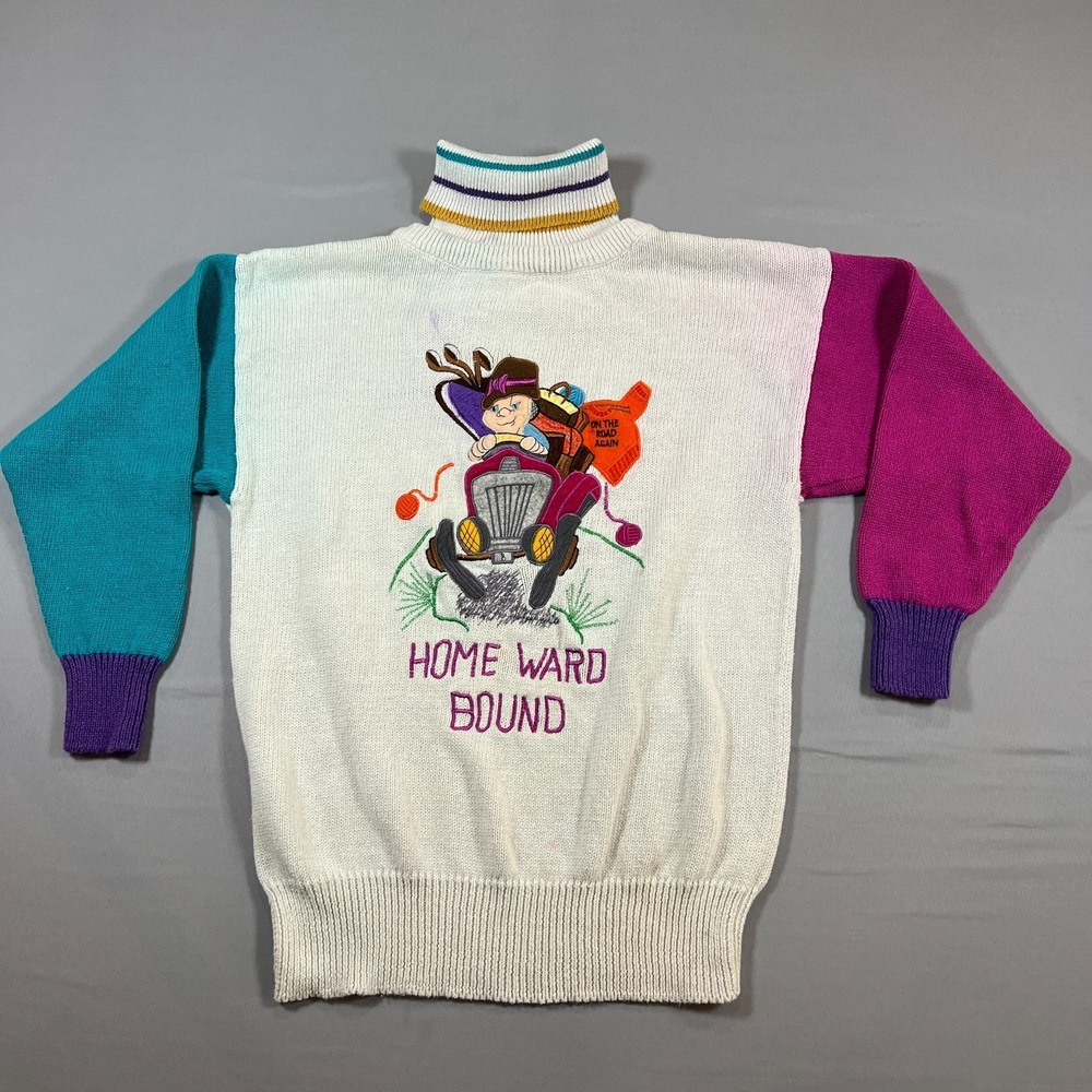 Vintage Bonnie Boerer Sweater Womens S Petite Multi Home Ward Bound Embroidered